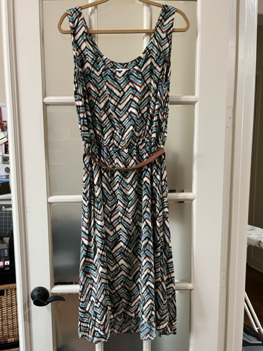 Calvin Klein Chevron Midi Dress in Teal, Brown & White Size 14